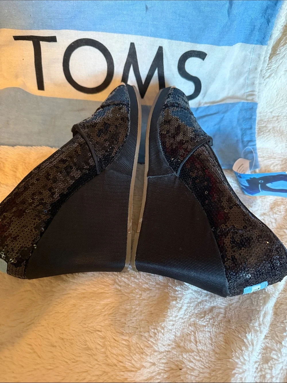 TOMS Black Sequin Peep Toe Wedges High Heel Shoes Womens 6 Glam Sparkle Comfort